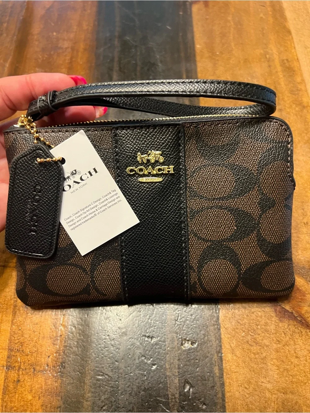 Coach Black and Brown Signature Wristlet with Gold Hardware